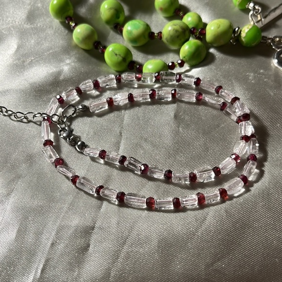 Green Turquoise Silver Heart Toggle Necklace + Clear Quartz-Garnet Necklace - Picture 2 of 7